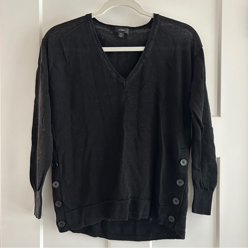 J. Crew Black Linen V-neck Sweater‎ with Side Buttons Size Small